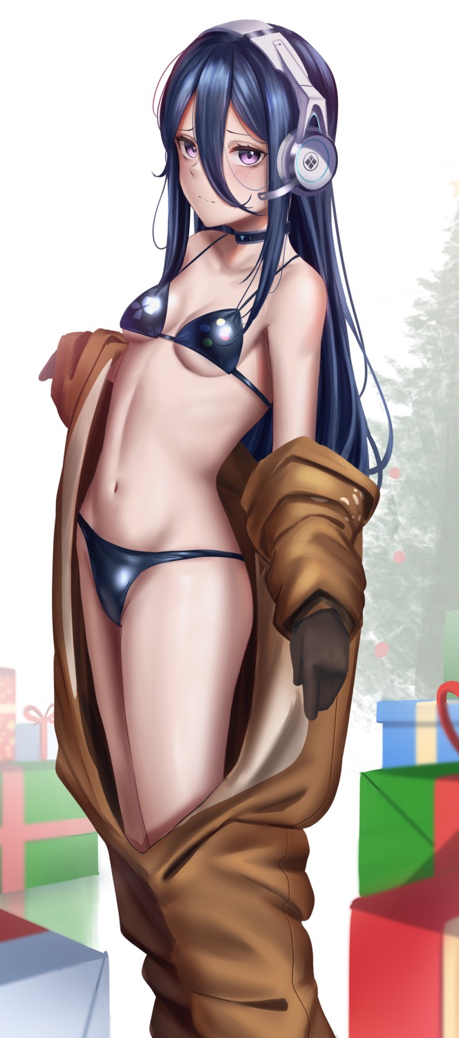 bikini christmas exia_(nikke) goddess_of_victory:_nikke headphones manjo_(warito) open_shirt swimsuits thong