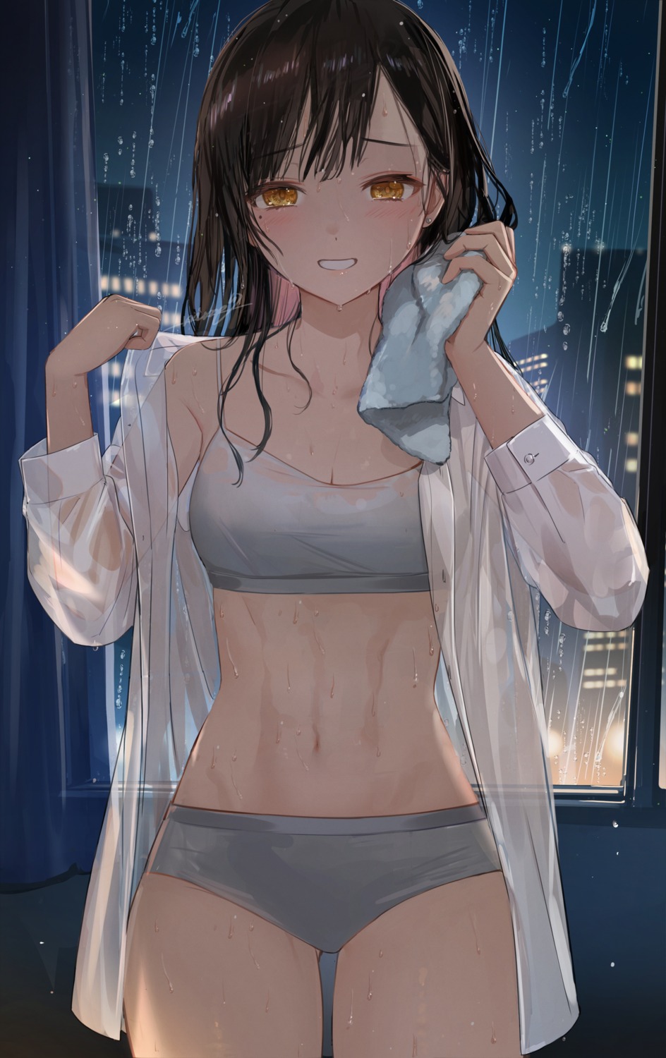 bra dress_shirt nima_(niru54) open_shirt pantsu see_through towel undressing wet wet_clothes