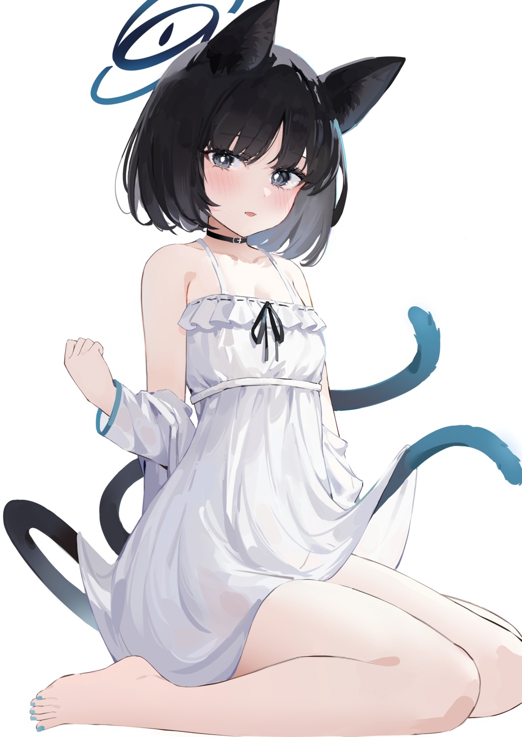 animal_ears blue_archive dress halo kiryuu_kikyou nekomimi no_bra see_through skirt_lift summer_dress tail usanto