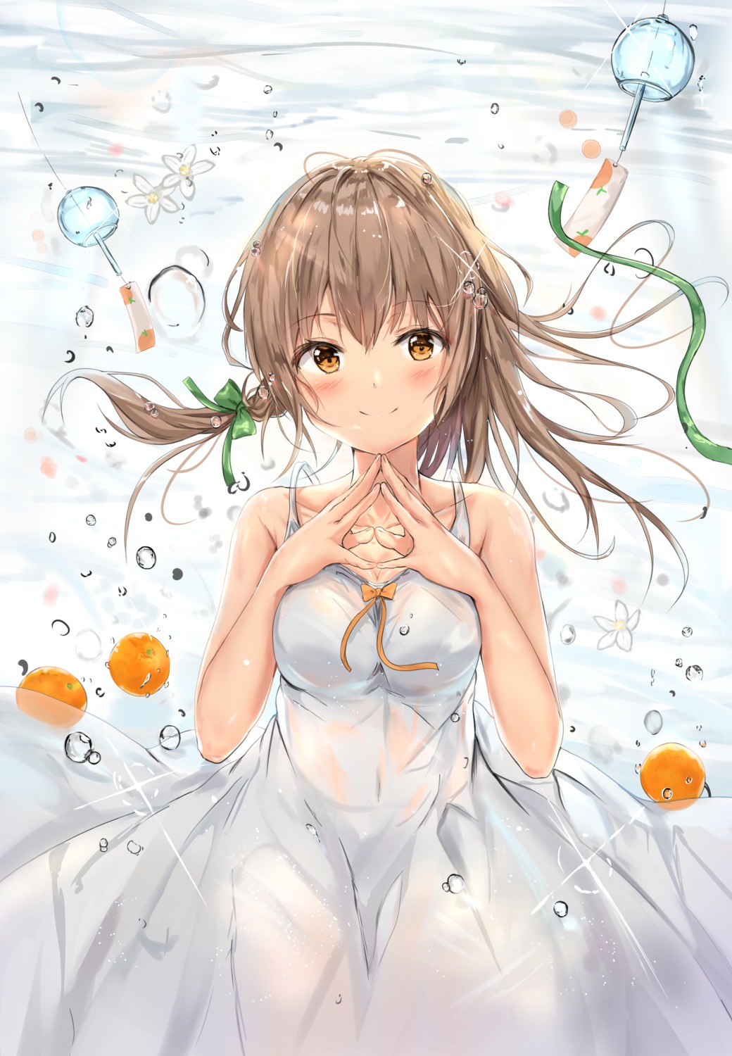 bra breast_hold cleavage dress na_kyo see_through summer_dress wet_clothes