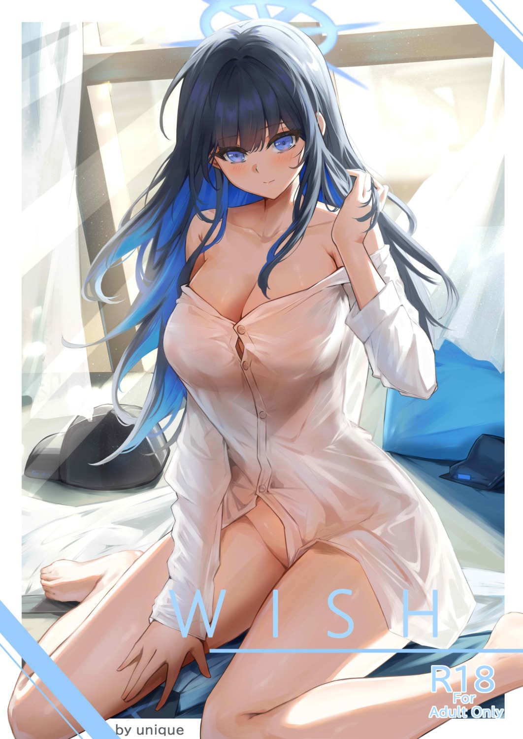 blue_archive bottomless dress_shirt halo joumae_saori no_bra open_shirt see_through unique_(pixiv12704744)