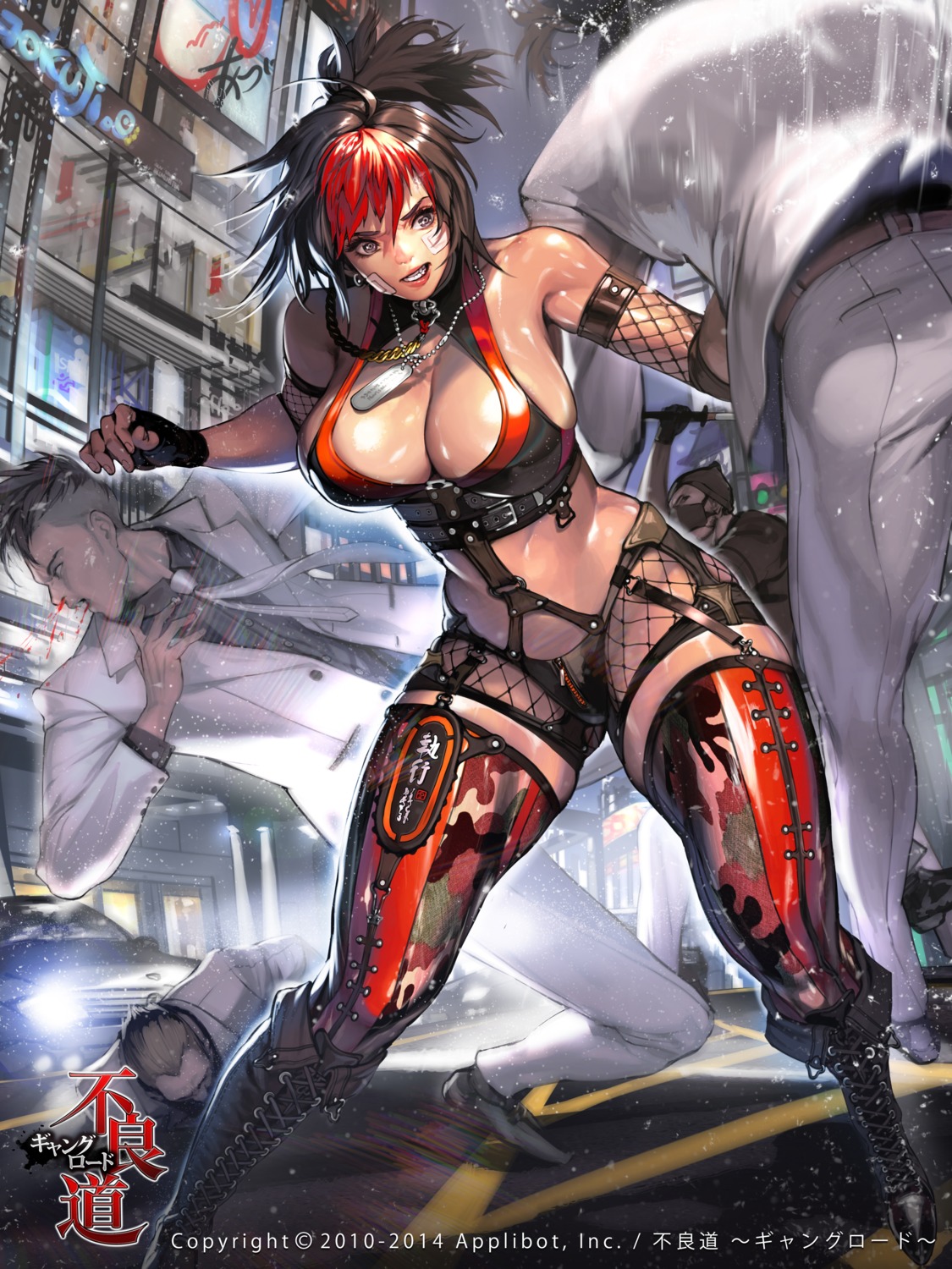 bandaid blood cleavage fishnets furyou_michi_~gang_road~ heels hyulla stockings thighhighs