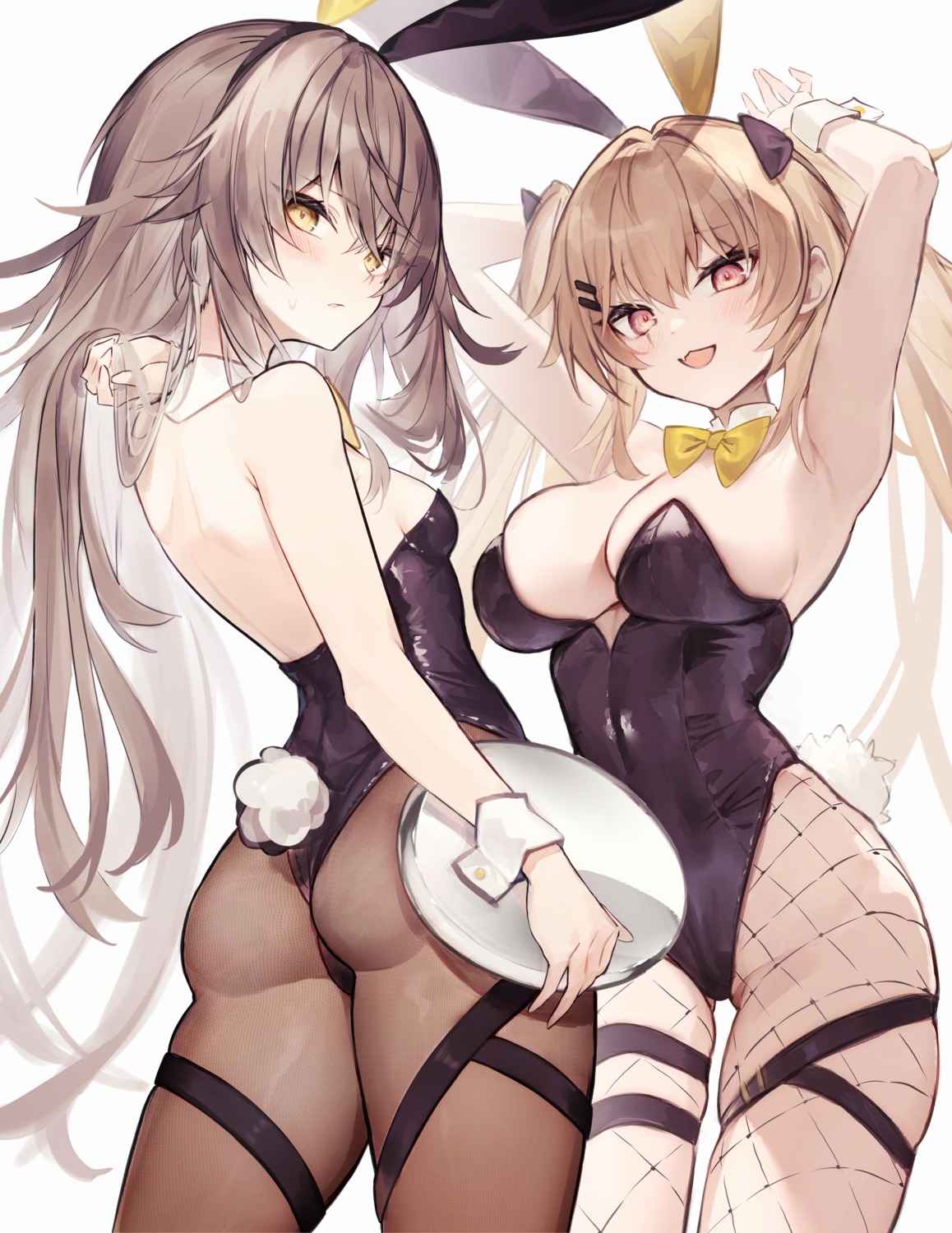 animal_ears ass bunny_ears bunny_girl diieru fishnets garter girls_frontline no_bra pantyhose tail ump45_(girls_frontline) ump9_(girls_frontline) waitress