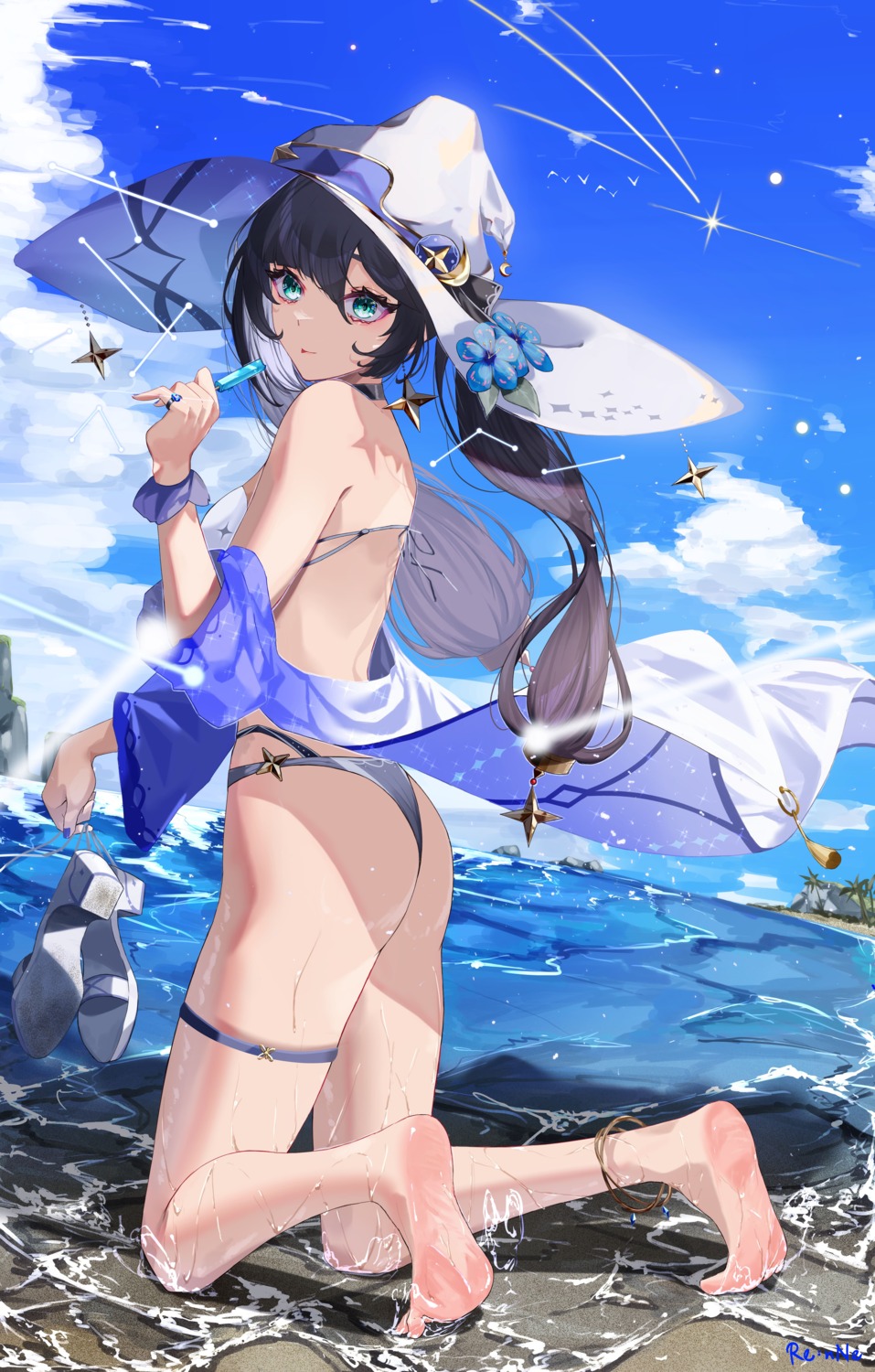 ass bikini garter genshin_impact mona_megistus open_shirt rene swimsuits thong wet witch