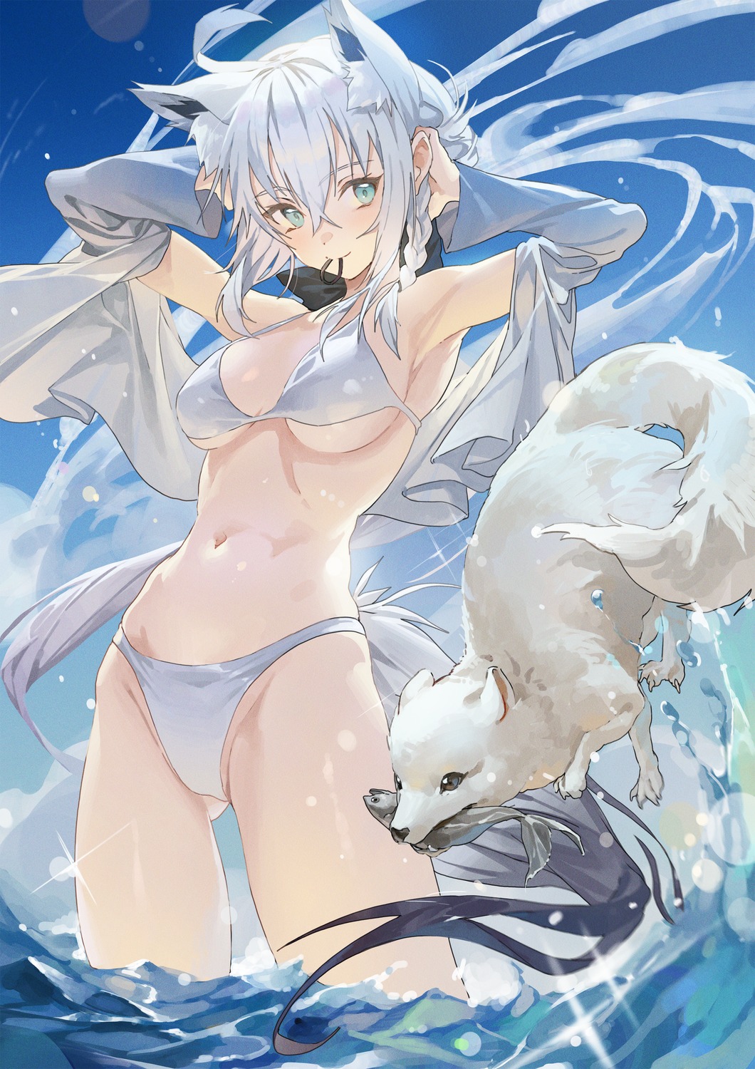 animal_ears bikini hololive hololive_gamers hong kitsune open_shirt shirakami_fubuki swimsuits tail wet