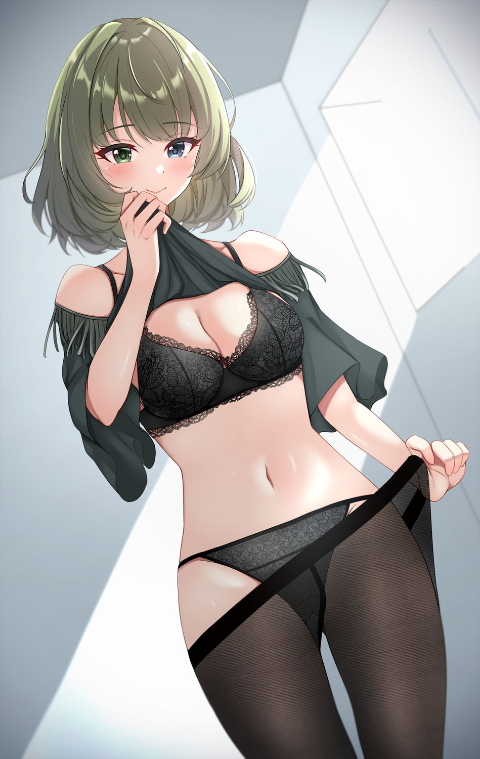 bra heterochromia namidako pantsu pantyhose shirt_lift takagaki_kaede the_idolm@ster the_idolm@ster_cinderella_girls undressing