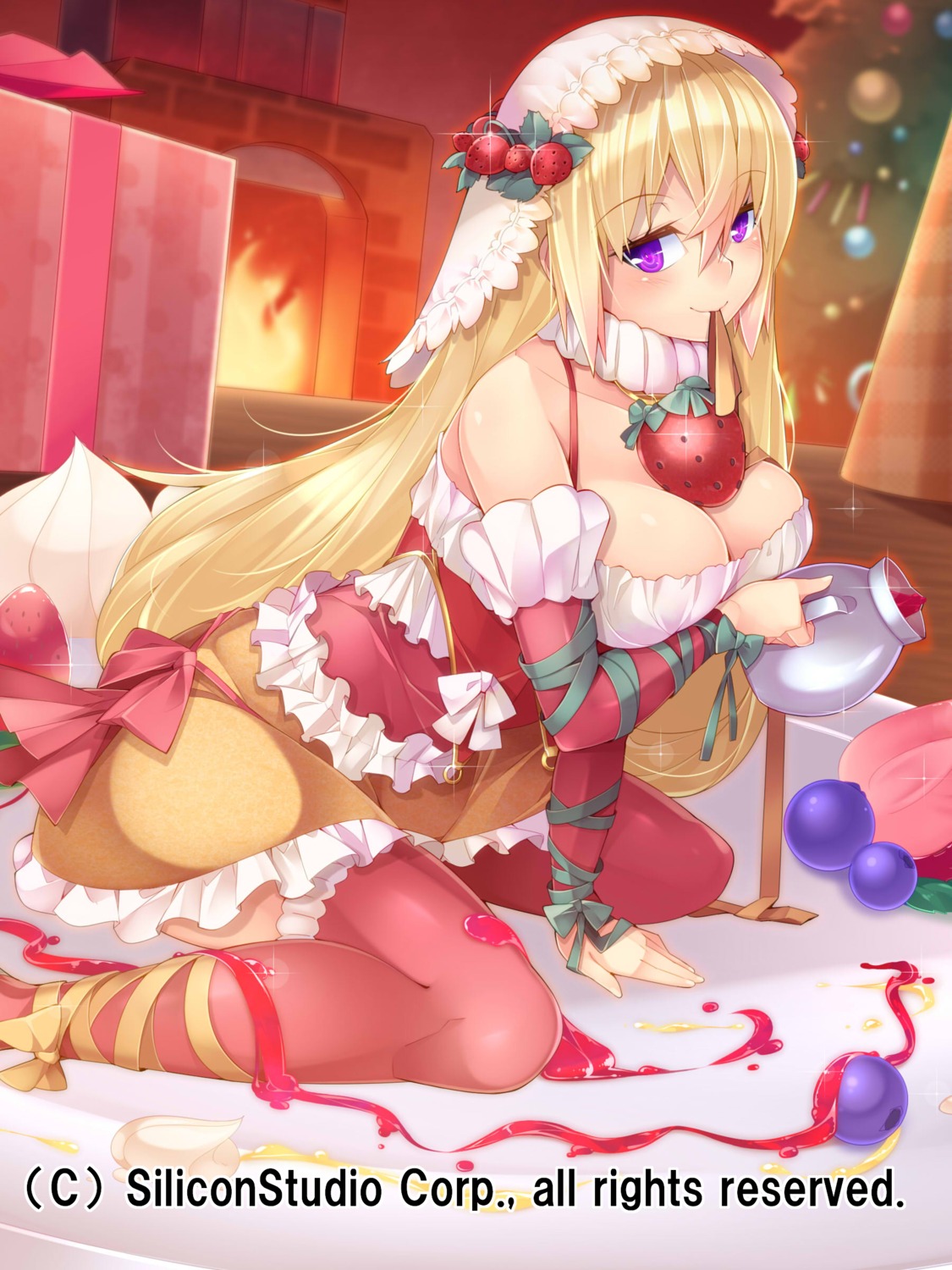 breast_hold christmas cleavage dress gyakushuu_no_fantasica kokka_han official_watermark thighhighs