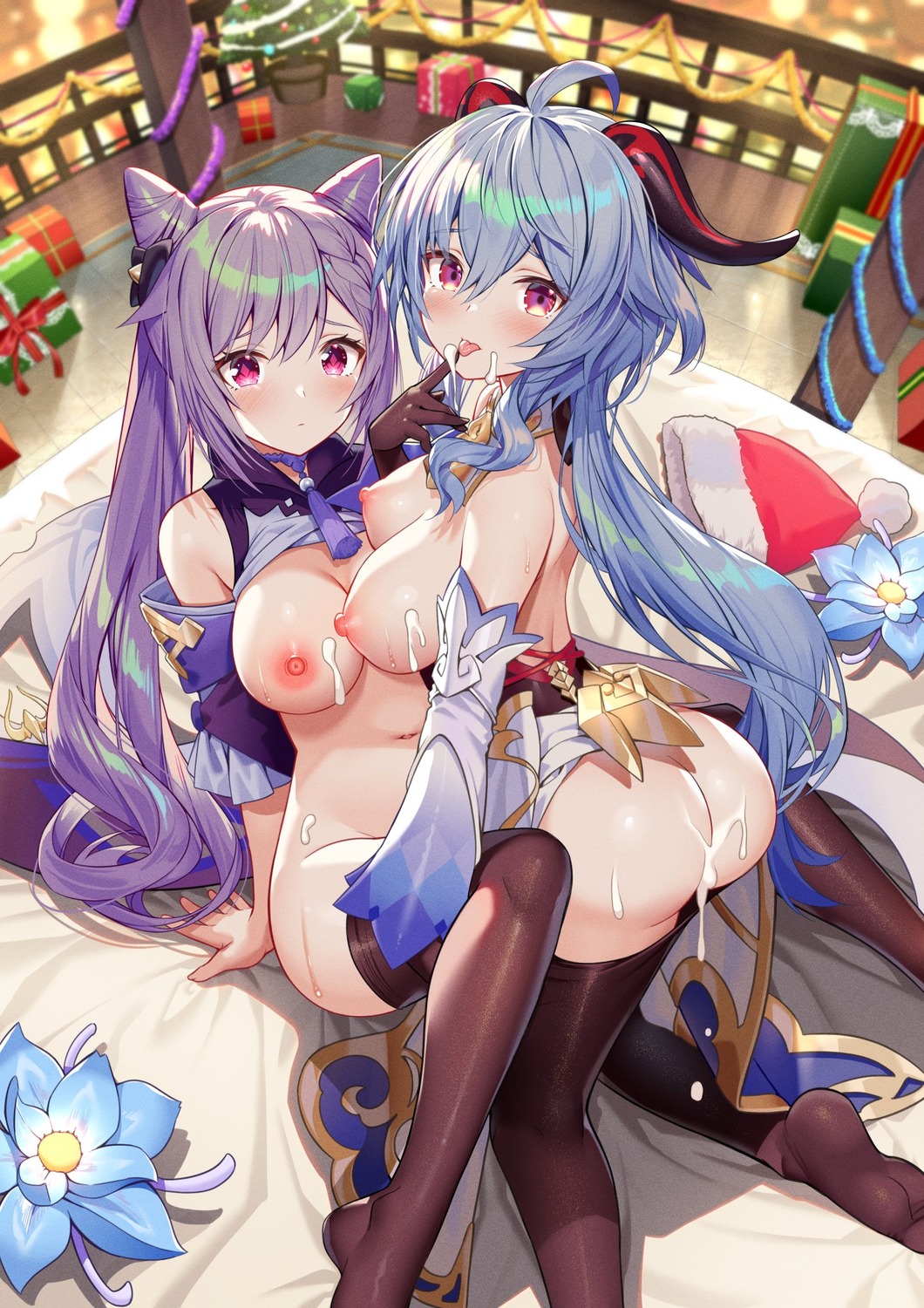 akusema asian_clothes ass breasts christmas cream ganyu genshin_impact horns keqing nipples no_bra nopan pantyhose shirt_lift yuri