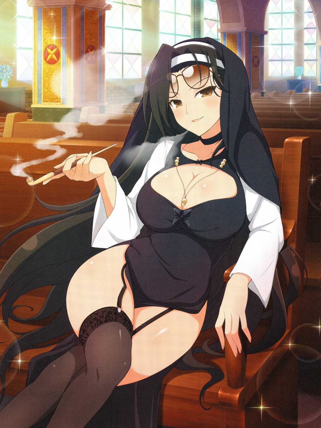 cleavage garter_belt jasmine_(senran_kagura) megane nun screening senran_kagura stockings thighhighs yaegashi_nan