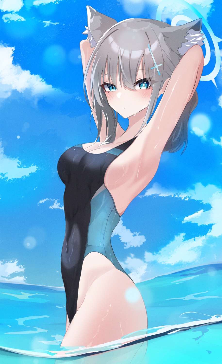 animal_ears blue_archive guii_ii halo nekomimi sunaookami_shiroko swimsuits wet