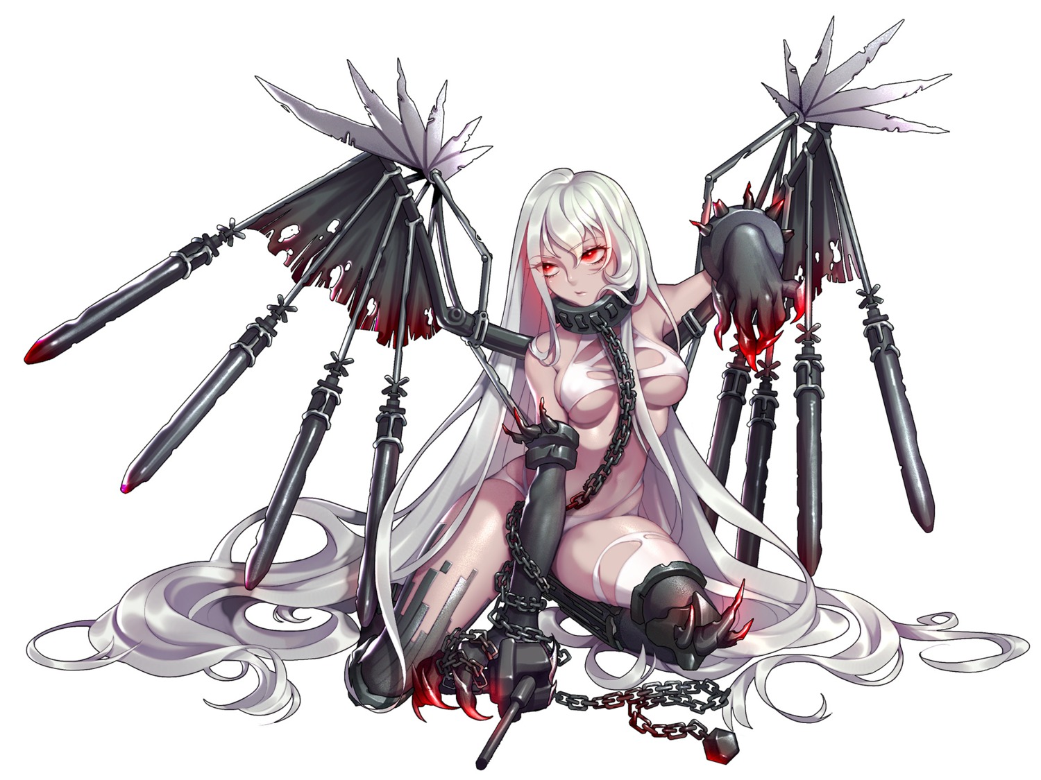 battleship_girl bikini mecha_musume quuni swimsuits thighhighs torn_clothes underboob wings