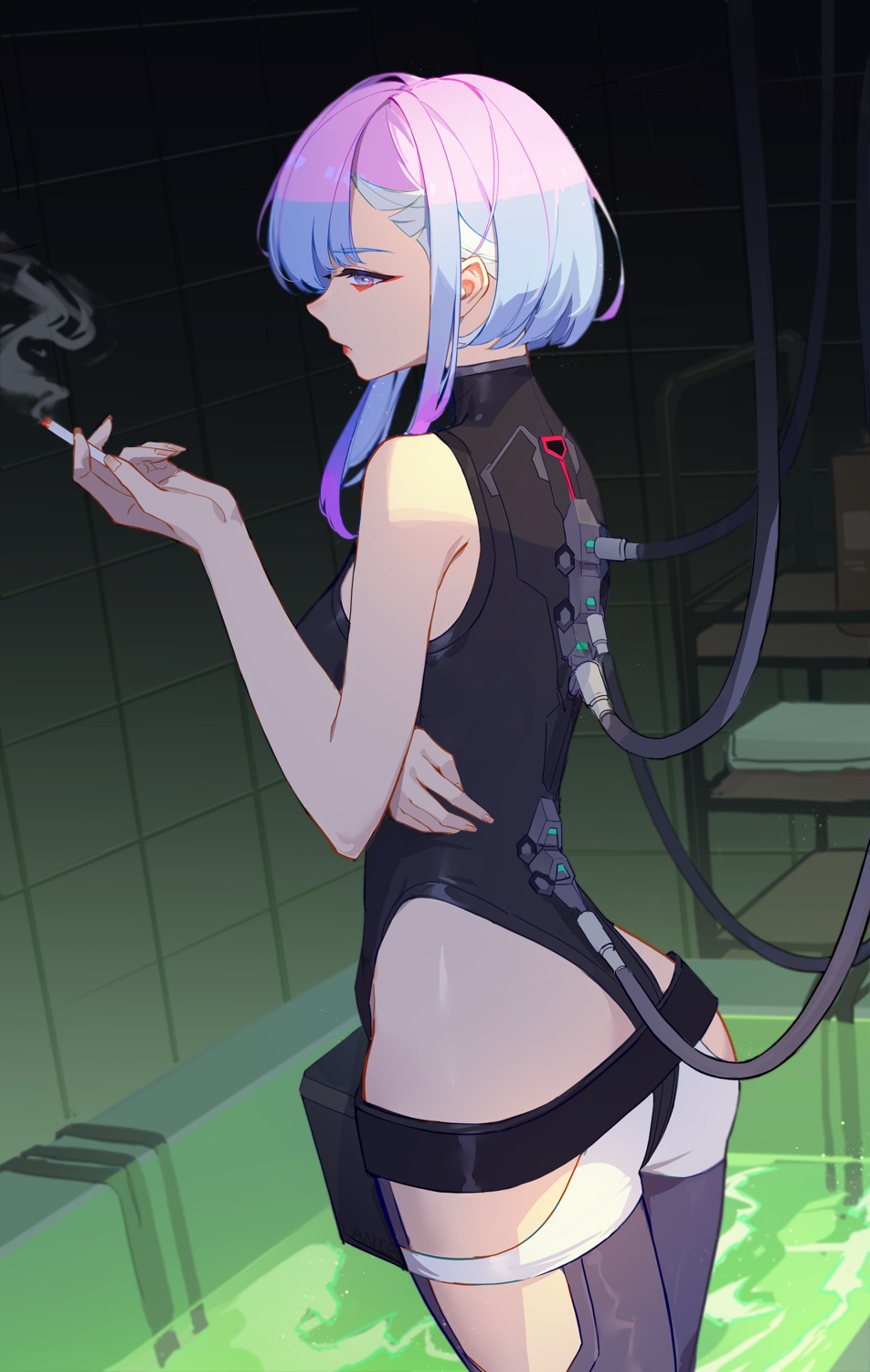 ass cyberpunk:_edgerunners cyberpunk_2077 lance_(lancelliu) leotard lucy_(cyberpunk) mecha_musume smoking