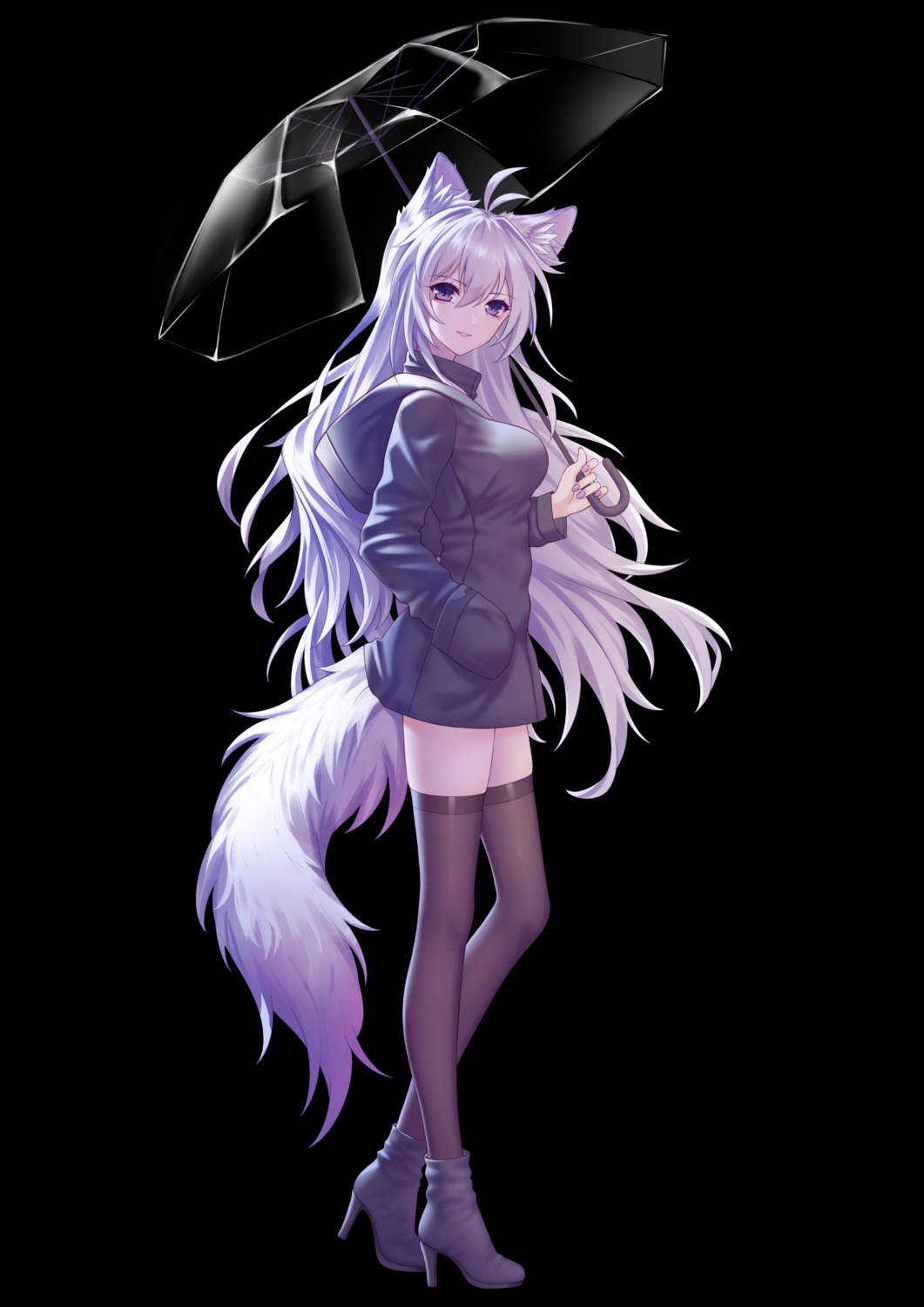 animal_ears heels kirby_d_a tail thighhighs umbrella