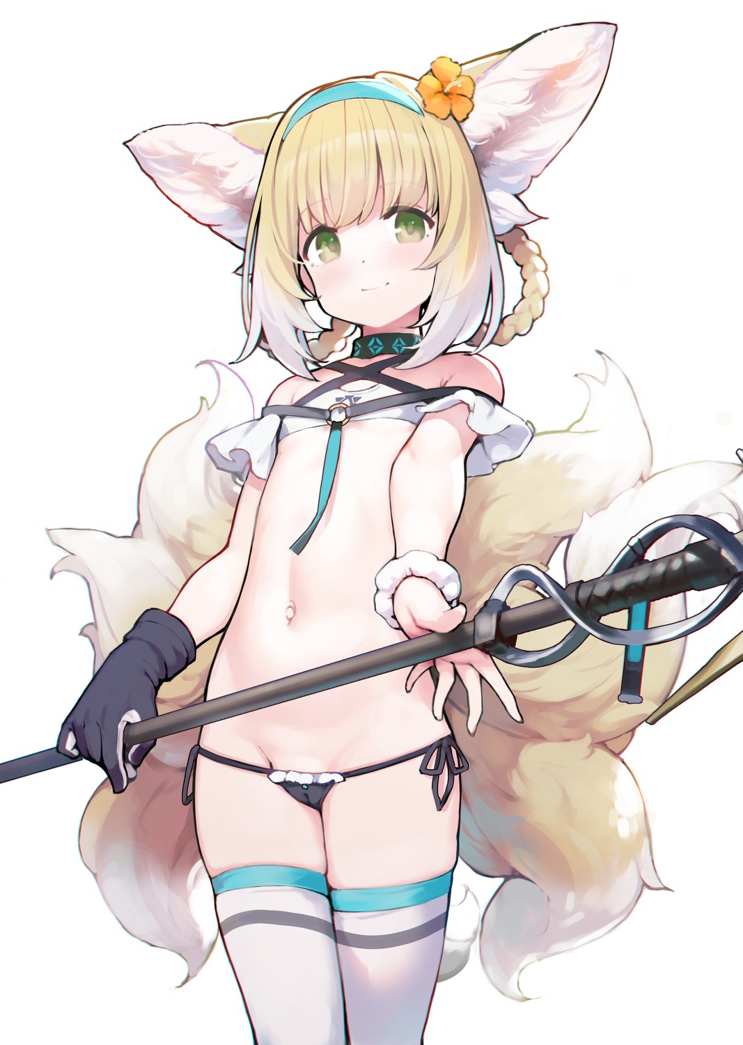 animal_ears arknights ataruman bikini cameltoe kitsune loli pantsu suzuran_(arknights) swimsuits tail weapon