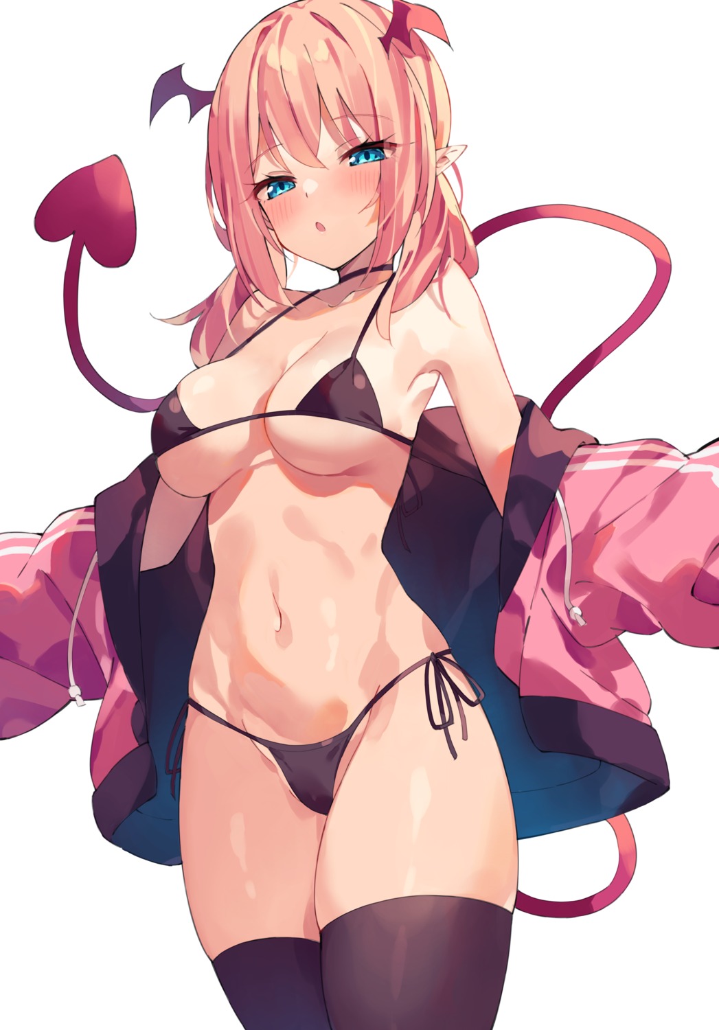 bikini open_shirt pointy_ears swimsuits tail thighhighs unacchi wings