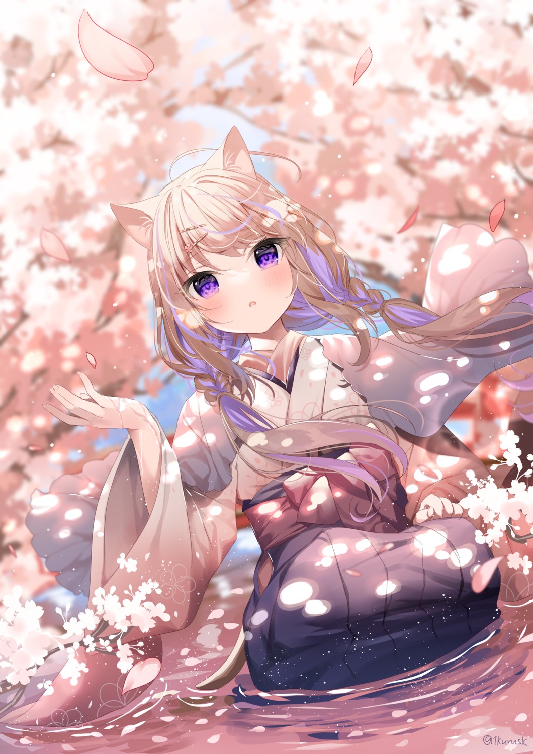 animal_ears kimono mafuyu_(chibi21) nekomimi tail wet