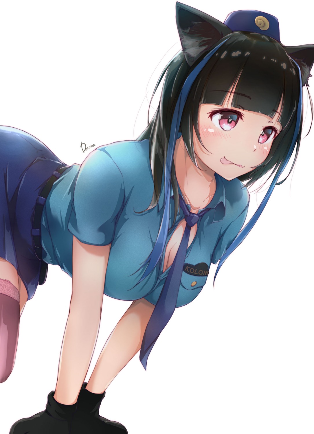 animal_ears cleavage dermar kanojo_okarishimasu open_shirt police_uniform thighhighs yaemori_mini