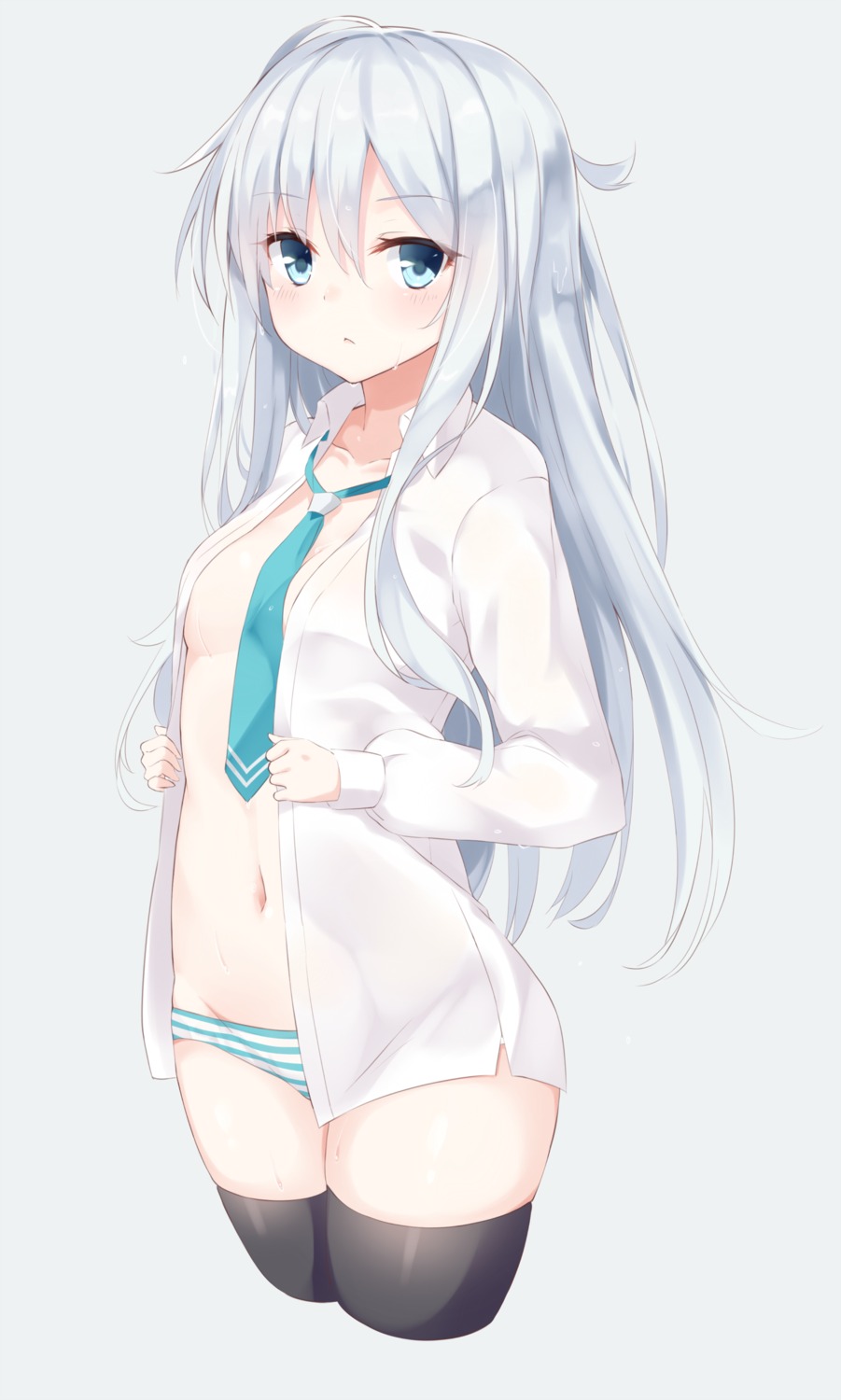 dress_shirt hibiki_(kancolle) kantai_collection no_bra open_shirt pantsu seifuku shimapan takehana_note thighhighs