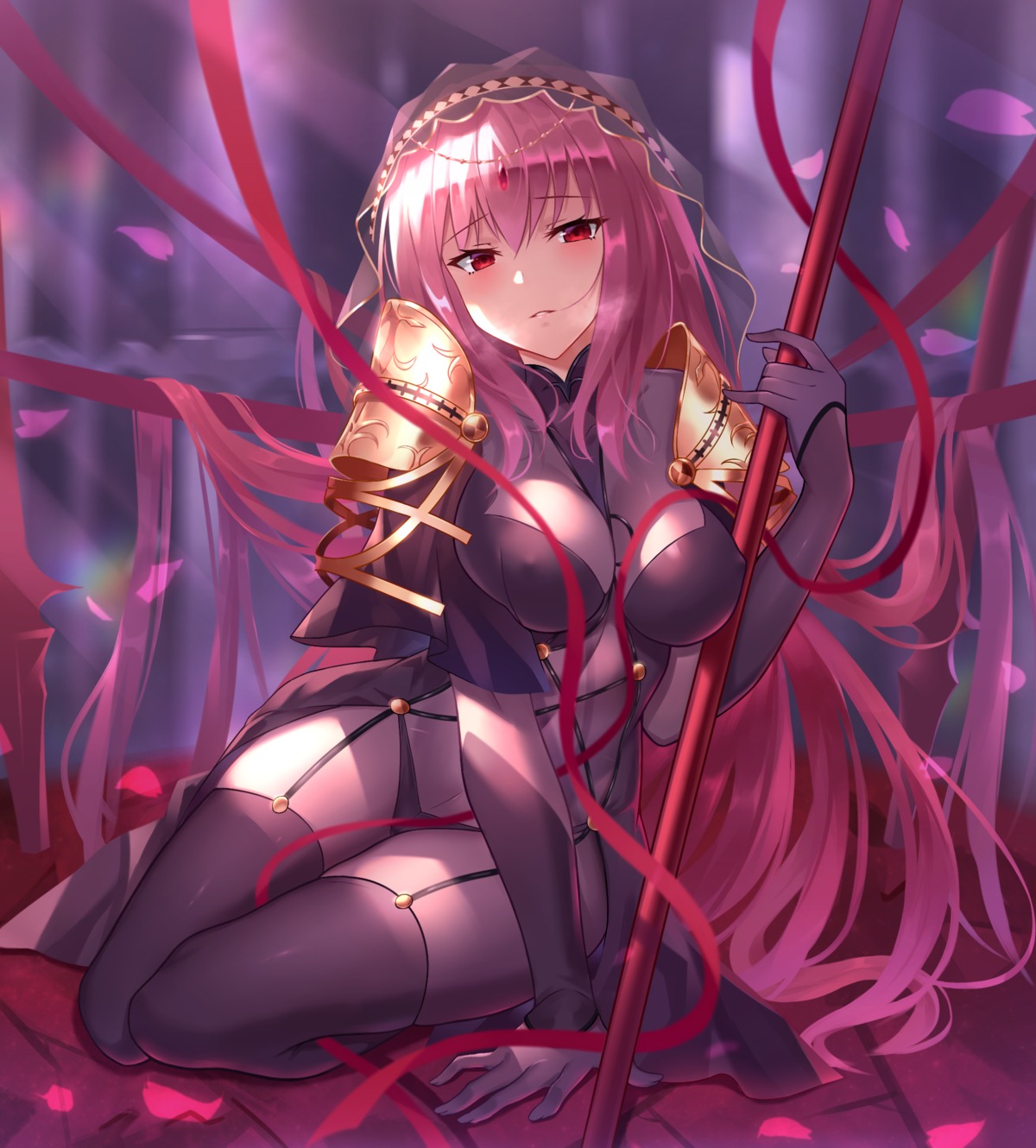 armor black_fire bodysuit erect_nipples fate/grand_order scathach_(fate/grand_order) stockings thighhighs weapon