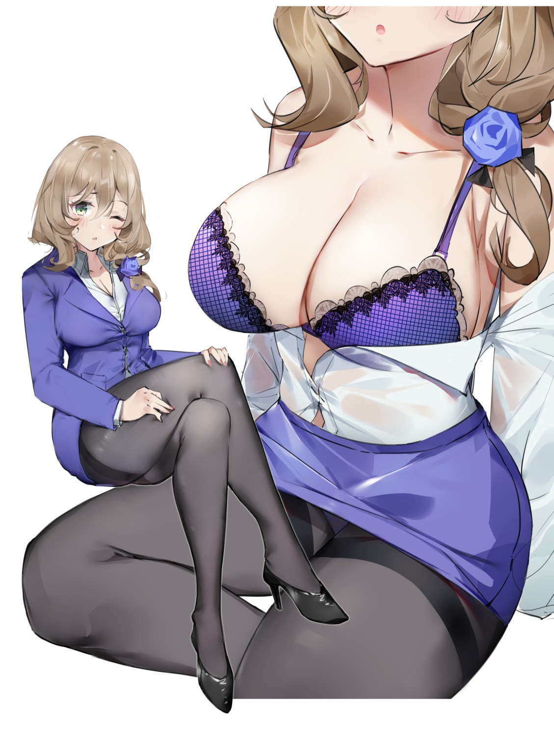 business_suit cleavage genshin_impact heels lisa_(genshin_impact) open_shirt pantsu pantyhose sanmery see_through skirt_lift