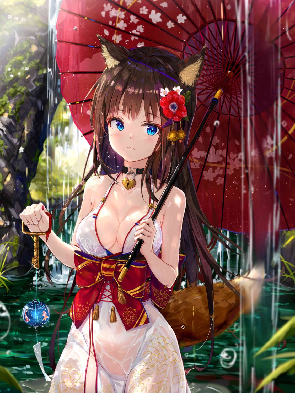 animal_ears dress japanese_clothes kitsune na_kyo no_bra nopan see_through tail umbrella wet wet_clothes