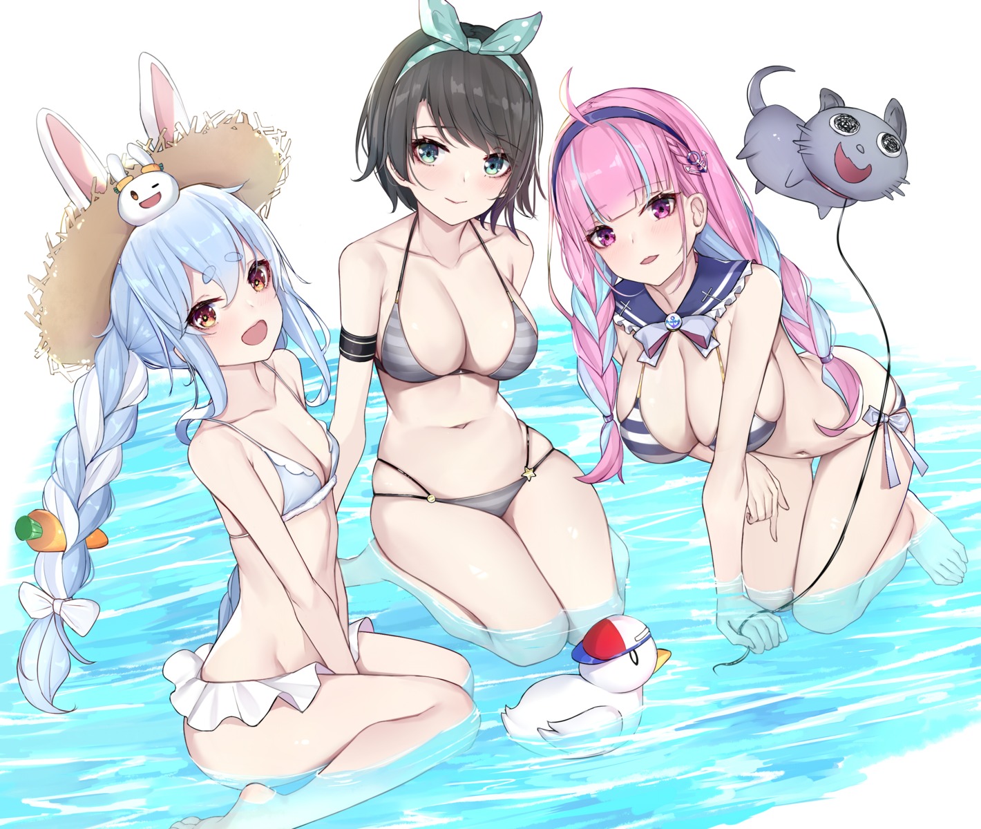 animal_ears bikini bunny_ears hololive minato_aqua oozora_subaru sherryqq swimsuits usada_pekora wet