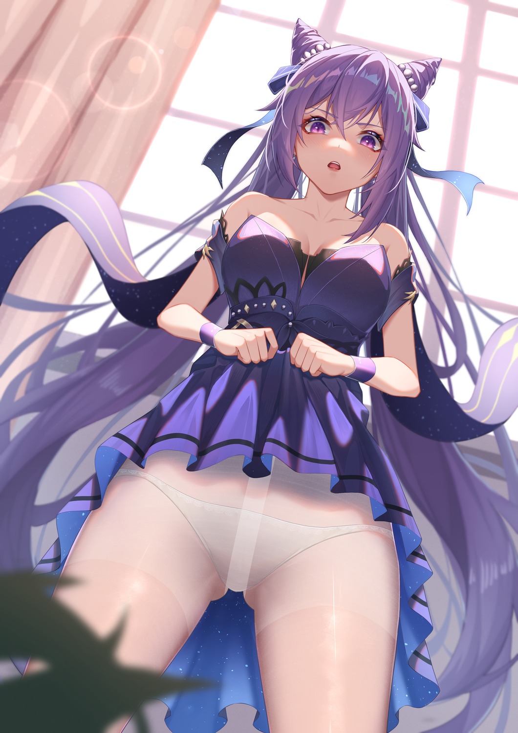 cleavage congyu dress genshin_impact keqing no_bra pantsu pantyhose see_through skirt_lift