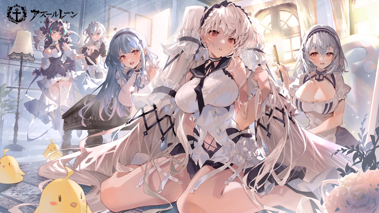 arutera azur_lane cheshire_(azur_lane) dido_(azur_lane) formidable_(azur_lane) gothic_lolita hermione_(azur_lane) lolita_fashion maid manjuu_(azur_lane) no_bra sirius_(azur_lane) skirt_lift stockings thighhighs