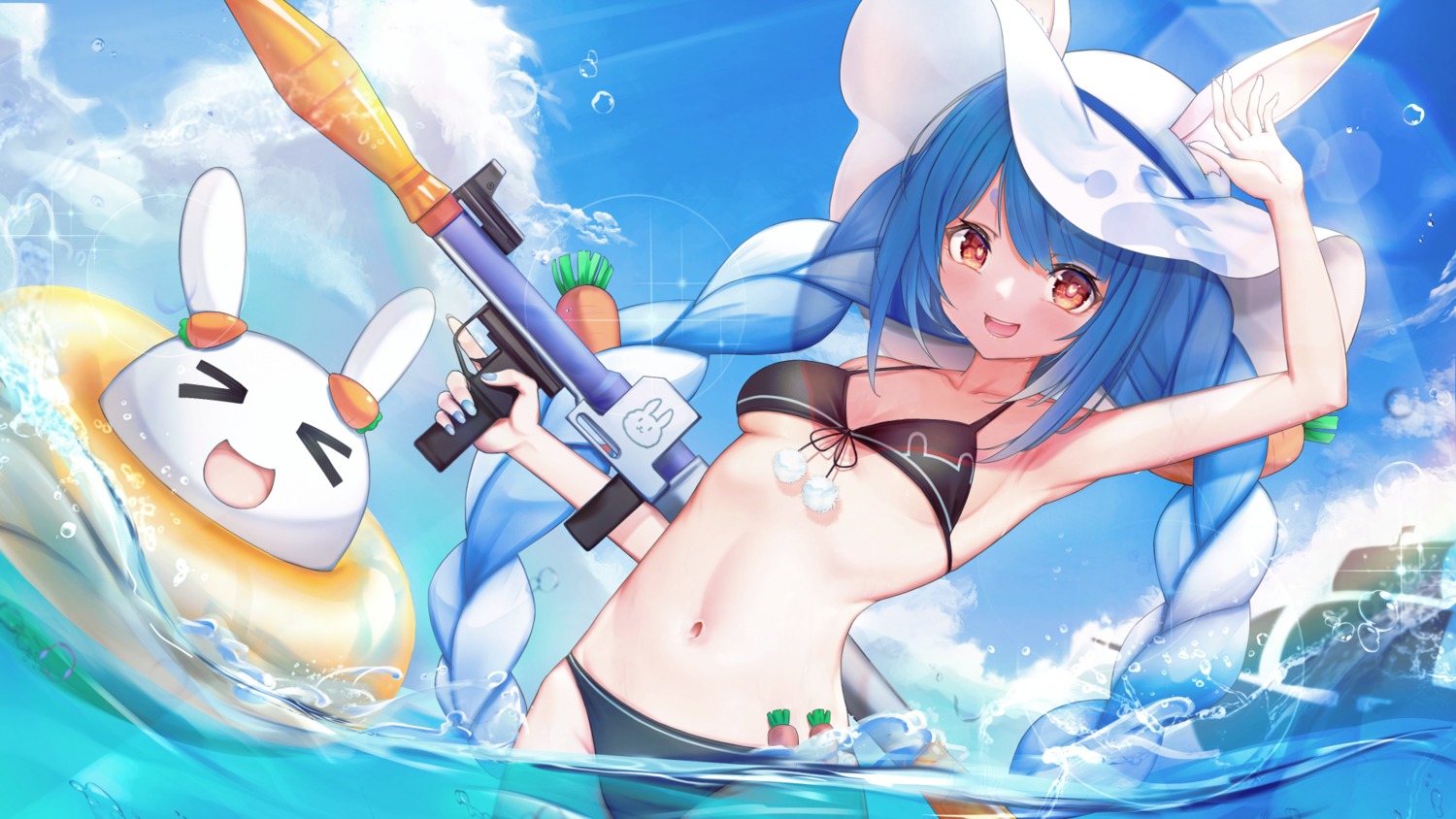 animal_ears bikini bunny_ears gun hololive monkey1468 swimsuits usada_pekora wallpaper wet