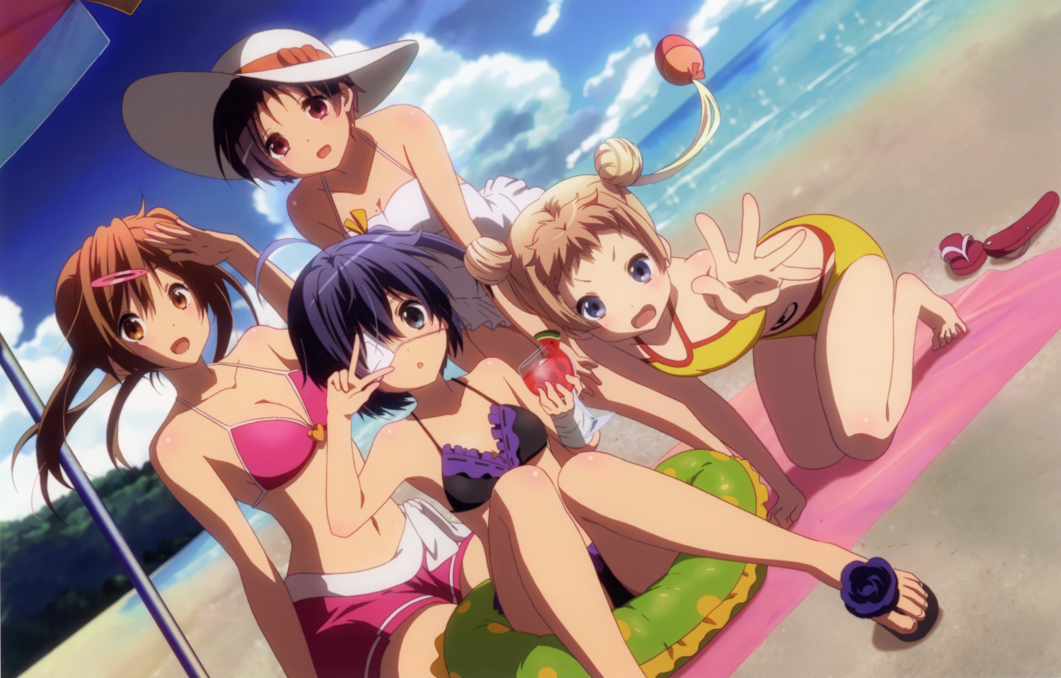 bikini chuunibyou_demo_koi_ga_shitai! cleavage dekomori_sanae eyepatch ikeda_kazumi nibutani_shinka swimsuits takanashi_rikka tsuyuri_kumin