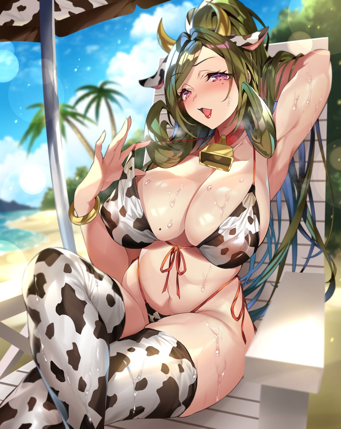 animal_ears bikini cleavage erect_nipples horns senri_gan swimsuits thighhighs wet