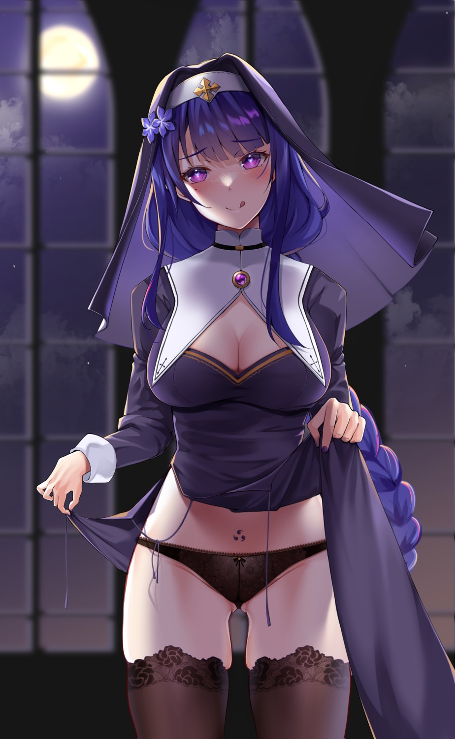 cleavage genshin_impact matrix16 nun pantsu raiden_shogun skirt_lift tattoo thighhighs thong