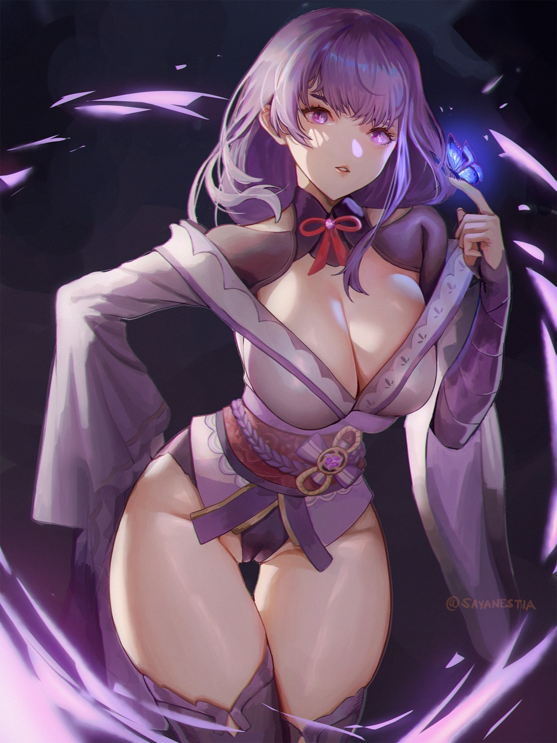 cameltoe genshin_impact japanese_clothes no_bra open_shirt pantsu raiden_shogun sayanestia thighhighs undressing