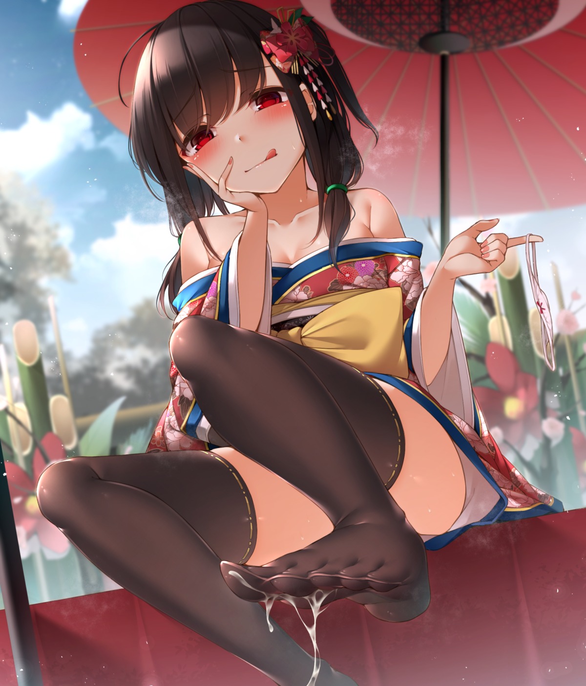 cleavage cum feet kimono no_bra open_shirt pantsu skirt_lift tagme thighhighs