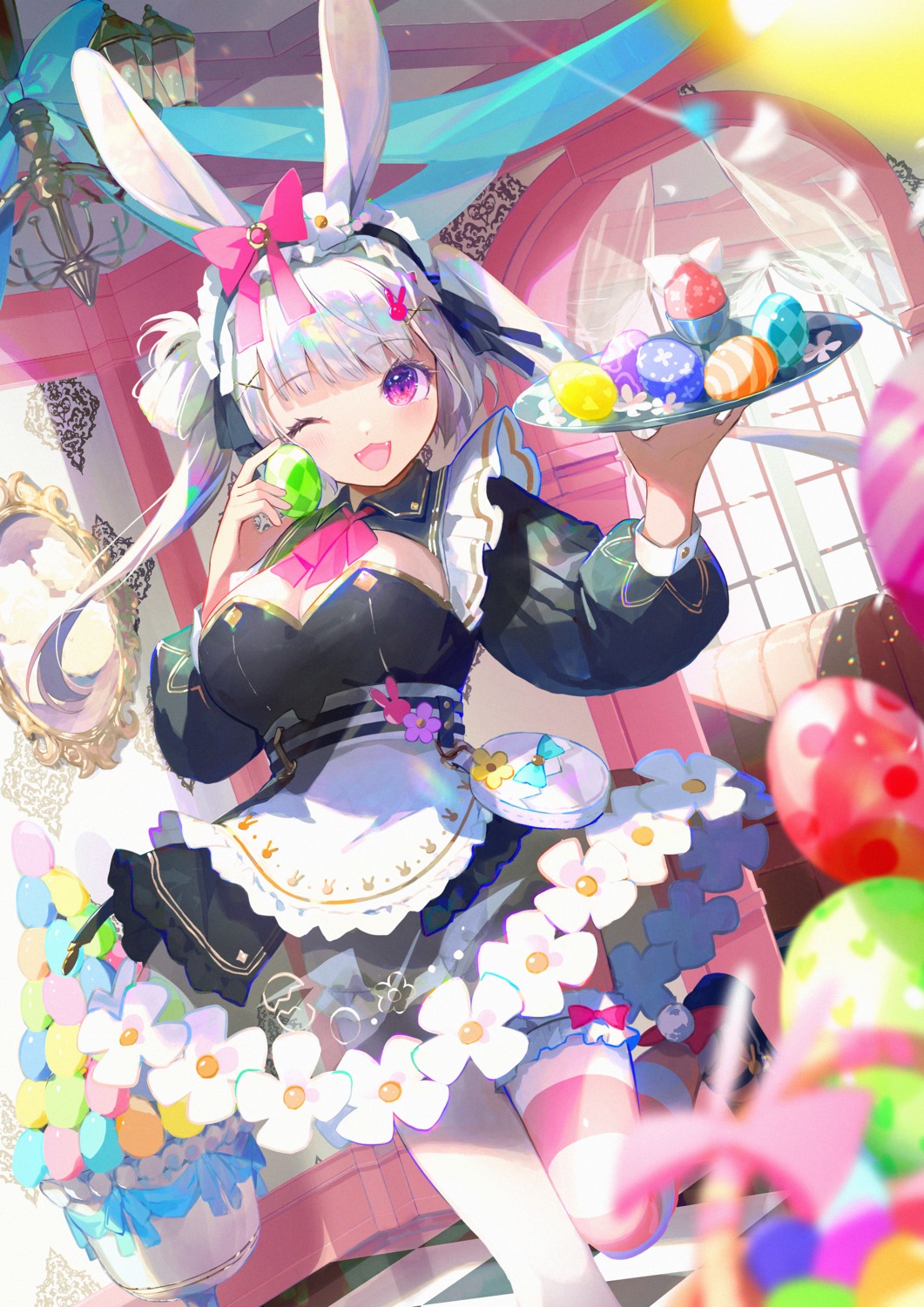 animal_ears bunny_ears garter maid negimapurinn no_bra skirt_lift thighhighs waitress