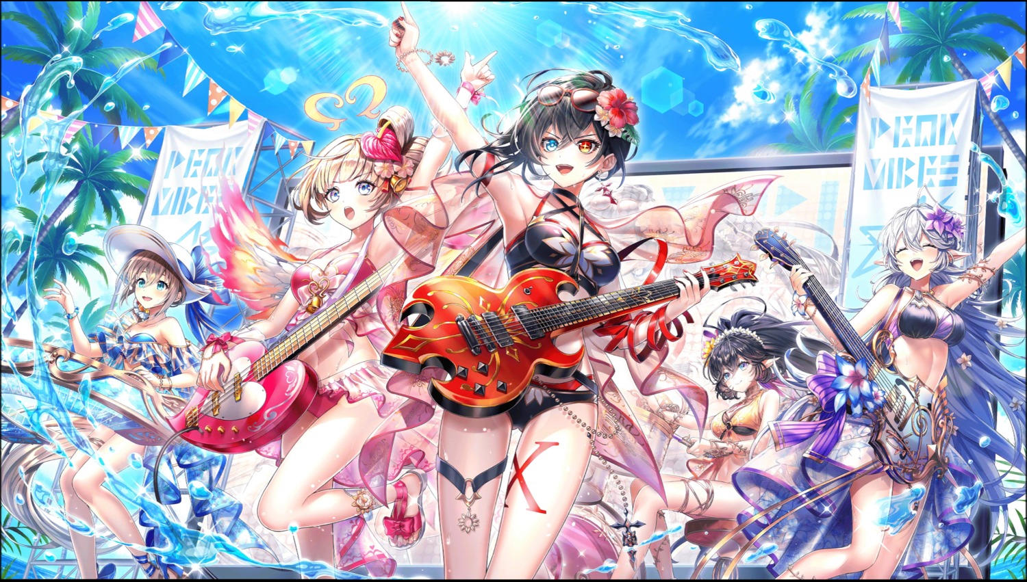 bikini garter guitar heterochromia megane pointy_ears shironeko_project swimsuits tattoo wings