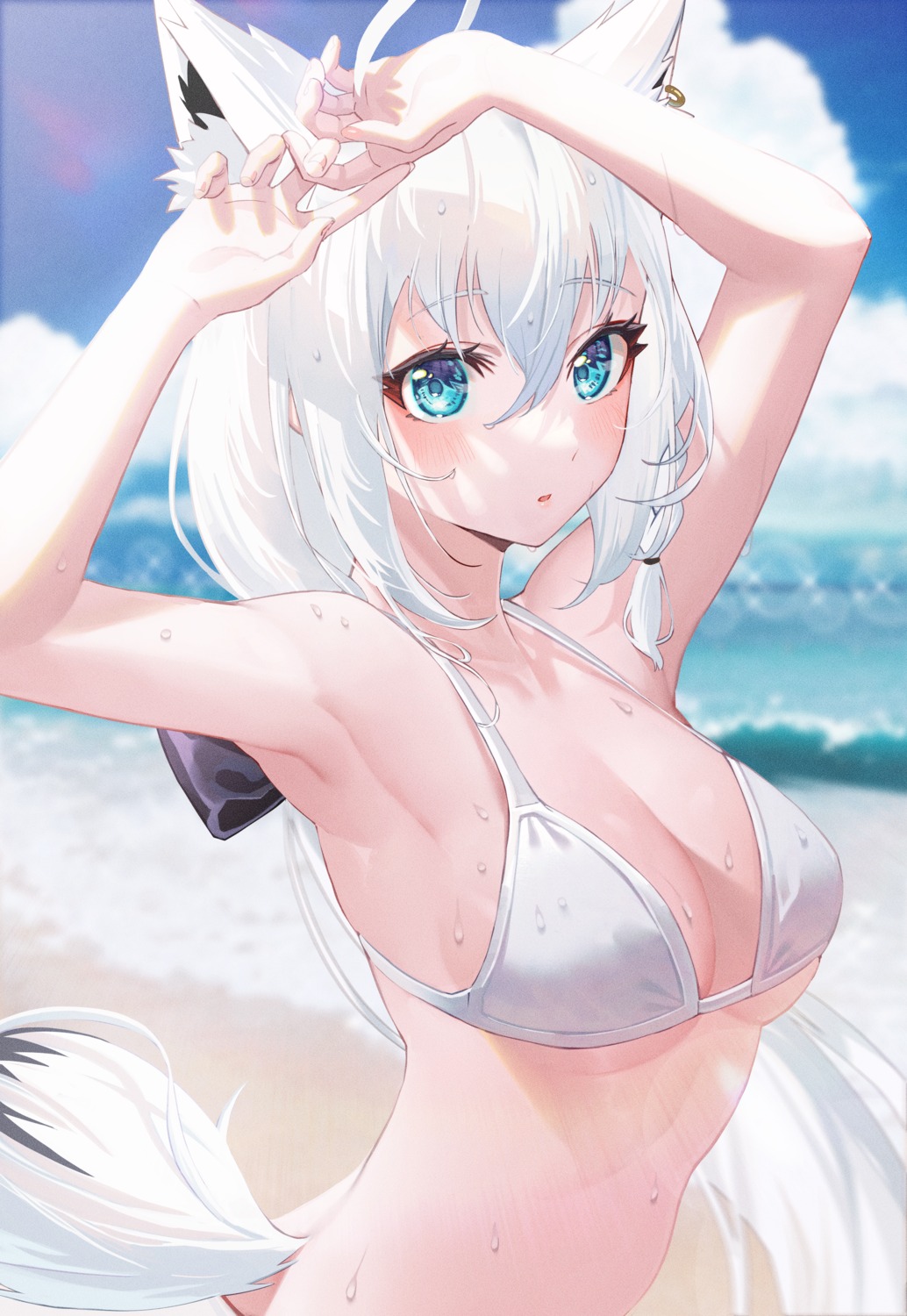 animal_ears bikini hololive hololive_gamers kitsune sanada_keisui shirakami_fubuki swimsuits tail wet