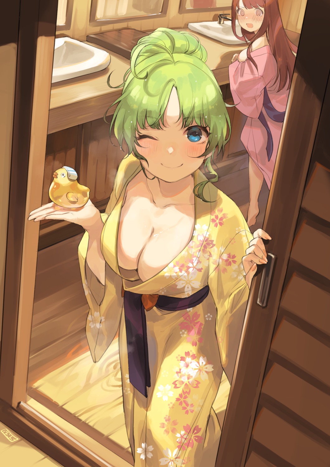 breast_hold no_bra nys open_shirt shimabara_elena tanaka_kotoha the_idolm@ster the_idolm@ster_million_live! yukata