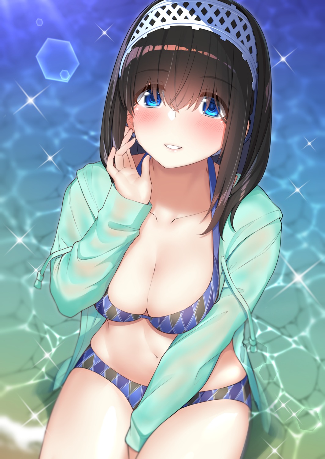 bikini breast_hold cleavage go-1 open_shirt sagisawa_fumika see_through swimsuits the_idolm@ster the_idolm@ster_cinderella_girls wet