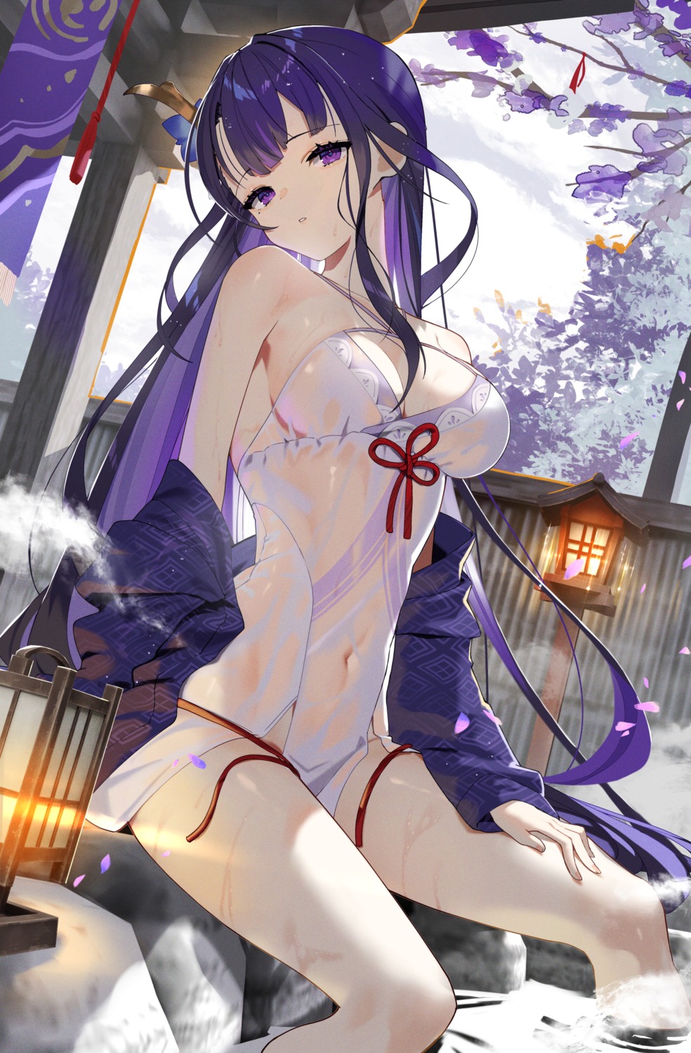 genshin_impact japanese_clothes lingerie onsen raiden_shogun scottie see_through wet wet_clothes