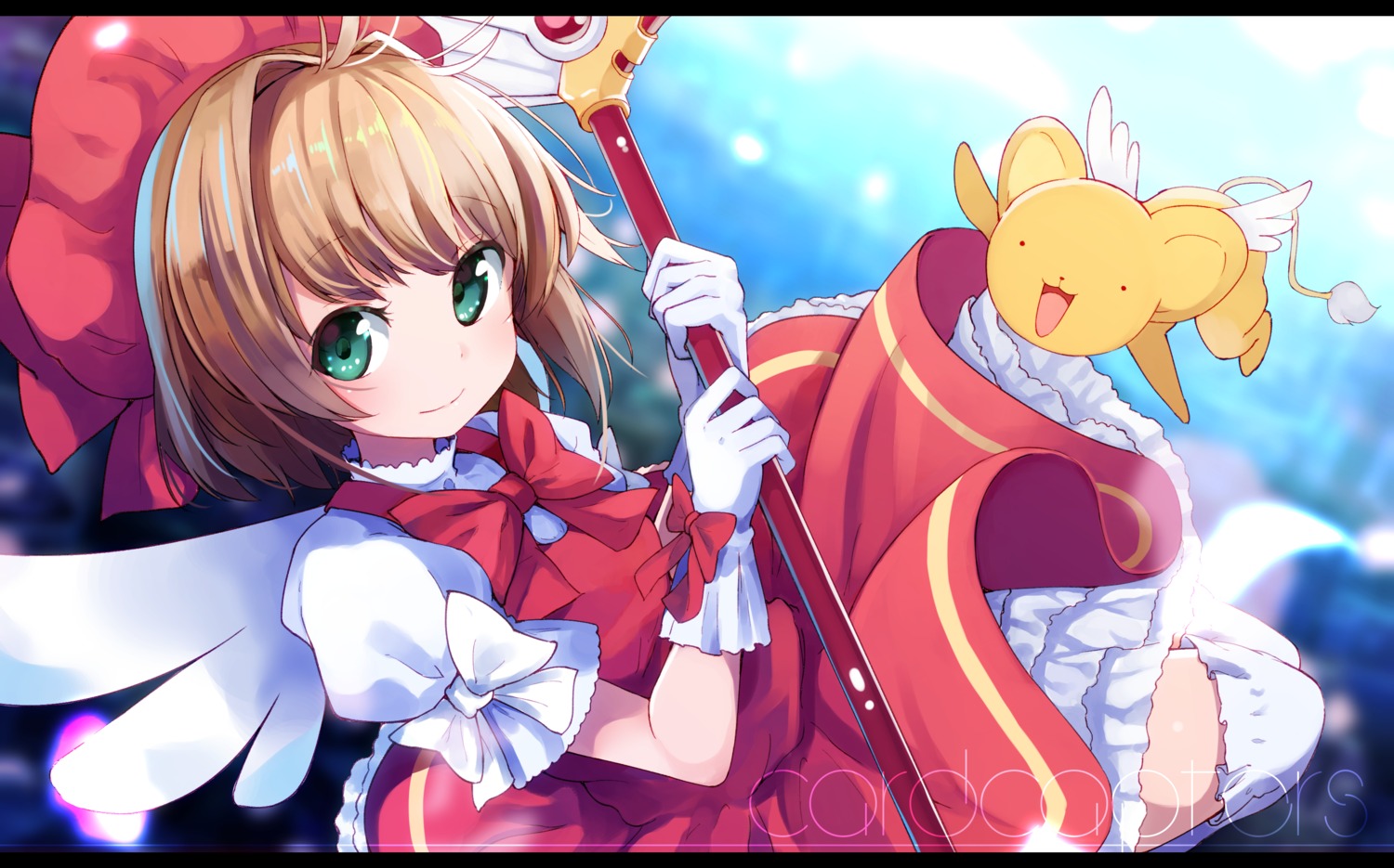 card_captor_sakura dress kerberos kinomoto_sakura okota_mikan thighhighs weapon wings