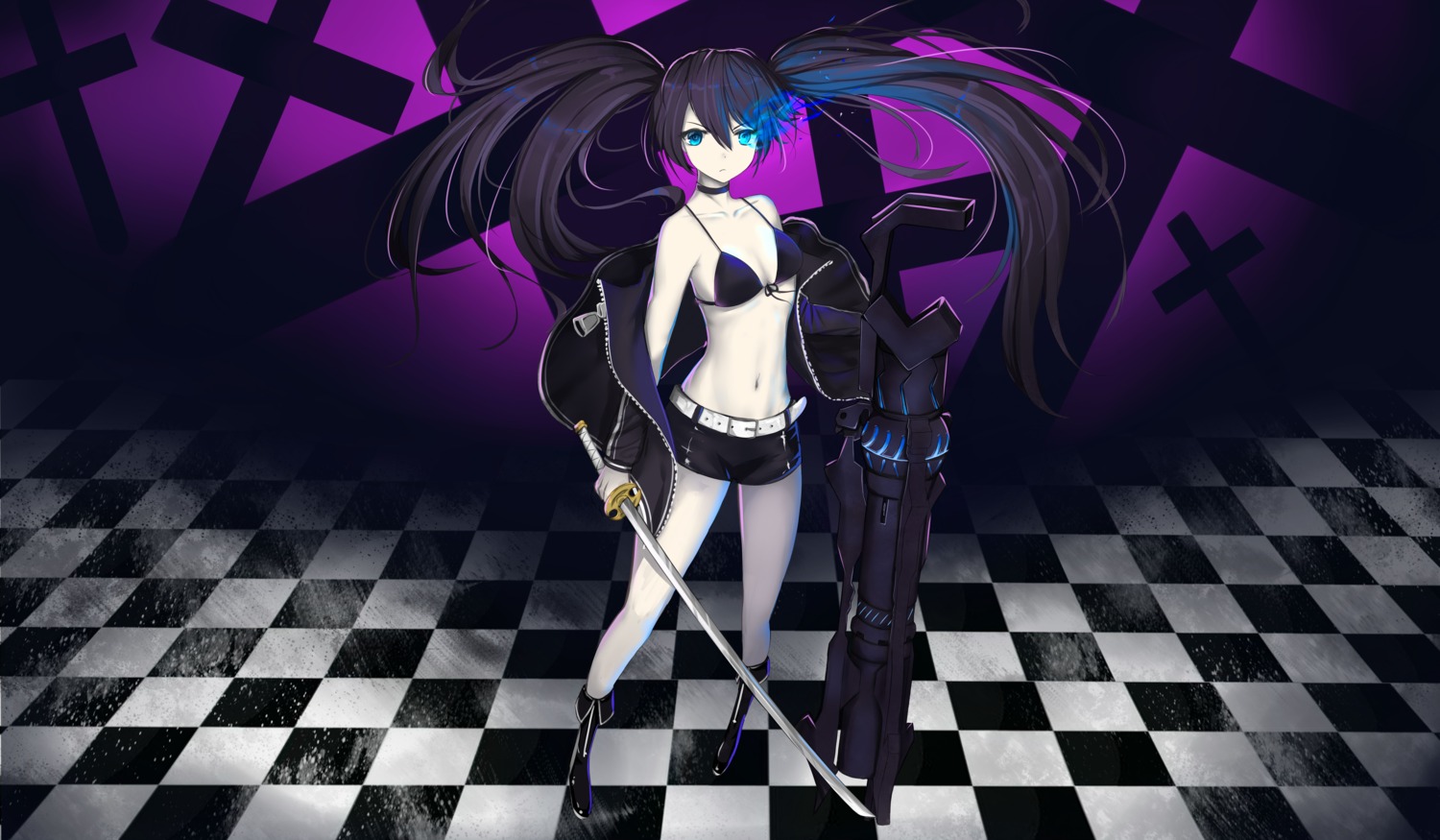 bikini_top black_rock_shooter cleavage huijin_zhi_ling kuroi_mato open_shirt swimsuits sword weapon