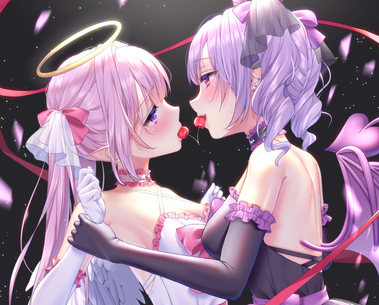 angel devil dress no_bra pointy_ears symmetrical_docking tail wings yuri yuyuko_(yuyucocco)