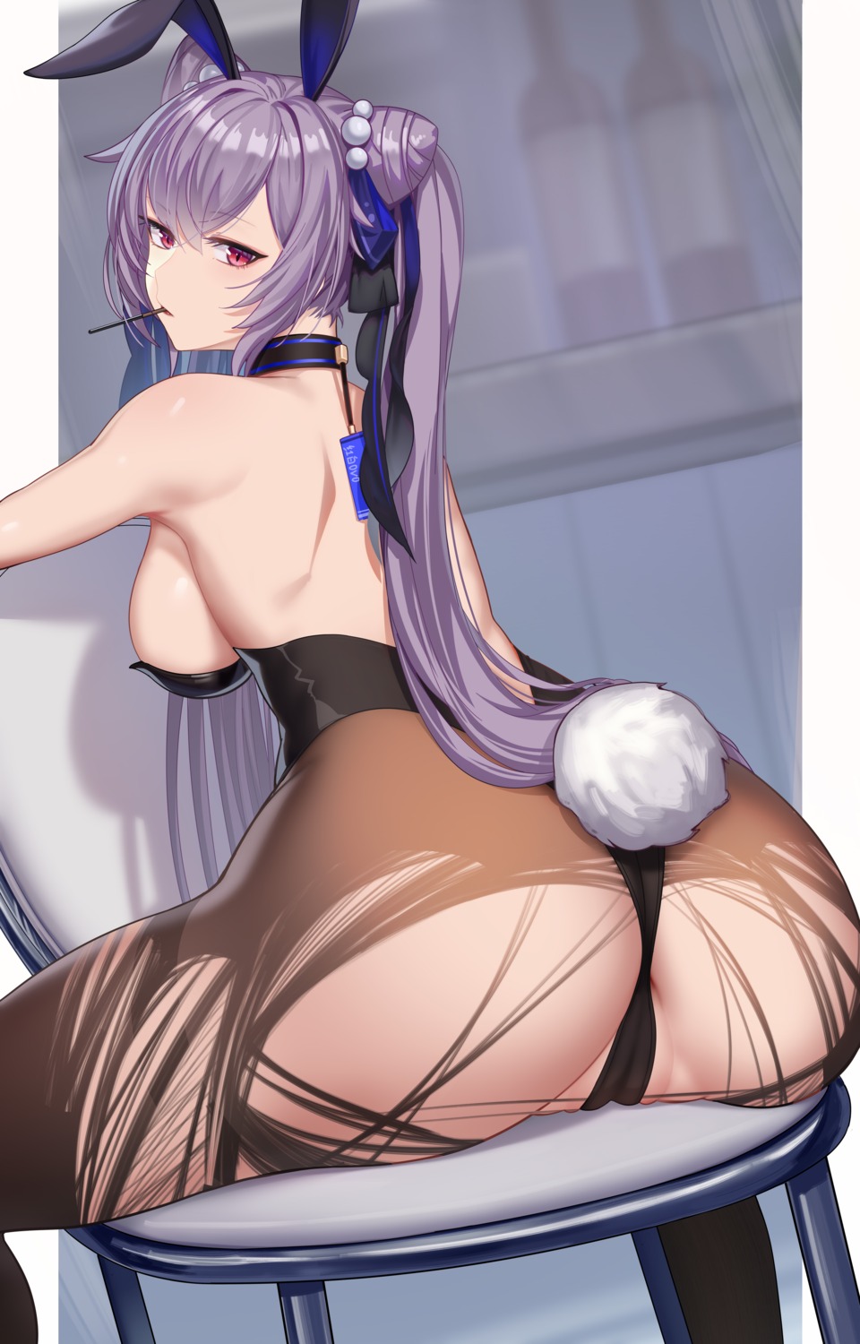 animal_ears ass bunny_ears bunny_girl cameltoe genshin_impact hong_bai keqing no_bra pantyhose tail torn_clothes