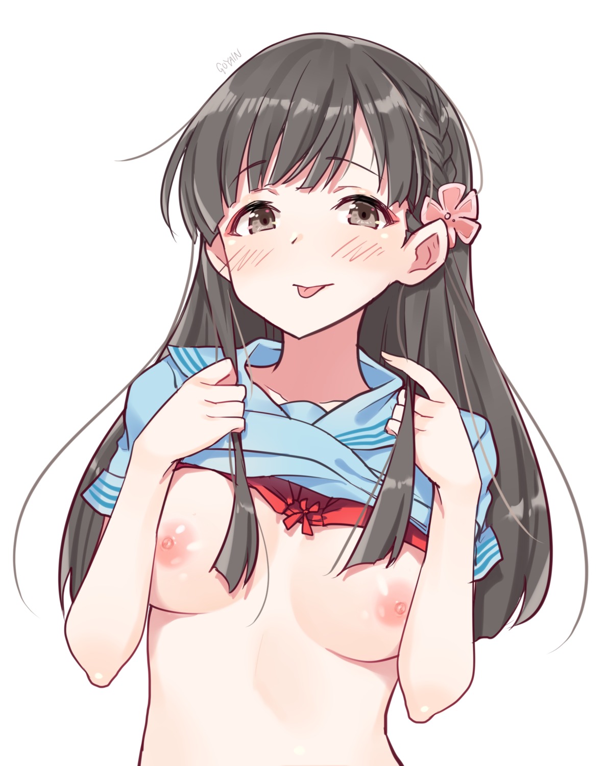 bra breast_hold breasts goyain kobayakawa_sae nipples seifuku shirt_lift the_idolm@ster the_idolm@ster_cinderella_girls