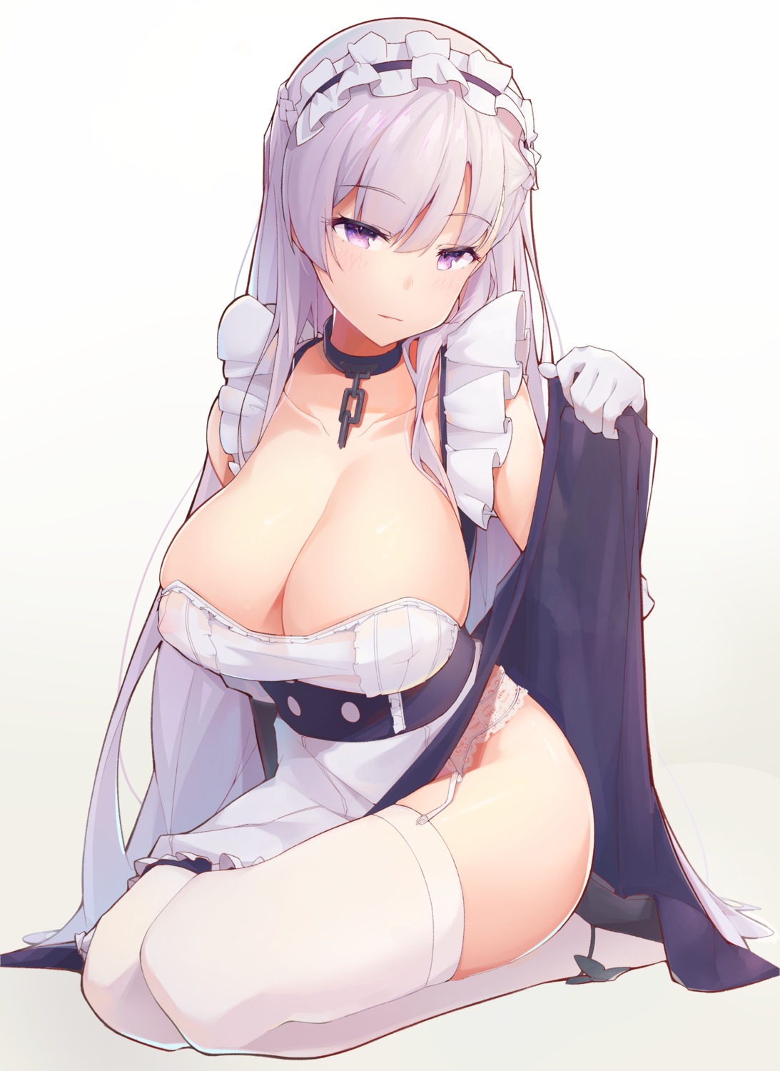 asla_yu azur_lane belfast_(azur_lane) garter_belt maid no_bra nopan skirt_lift stockings thighhighs