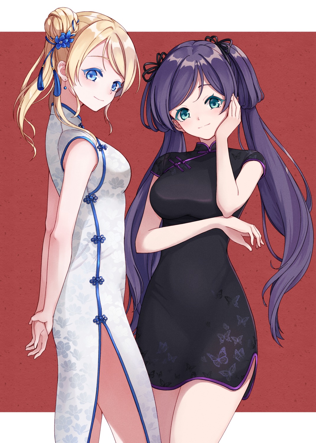 ayase_eli breast_hold cell_(diox) chinadress love_live! toujou_nozomi