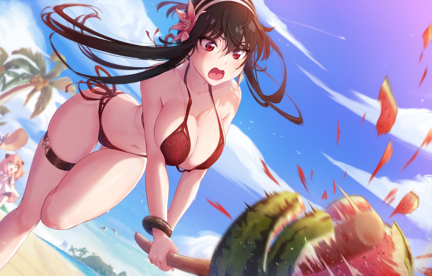 anya_forger bikini garter mitsu_(mitsu_art) skirt_lift spy_x_family swimsuits yor_briar