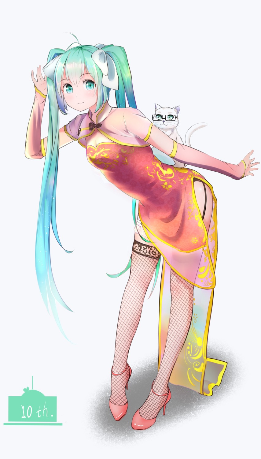 chinadress cleavage fishnets hatsune_miku heels megane neko see_through stockings thighhighs vocaloid youngpeak