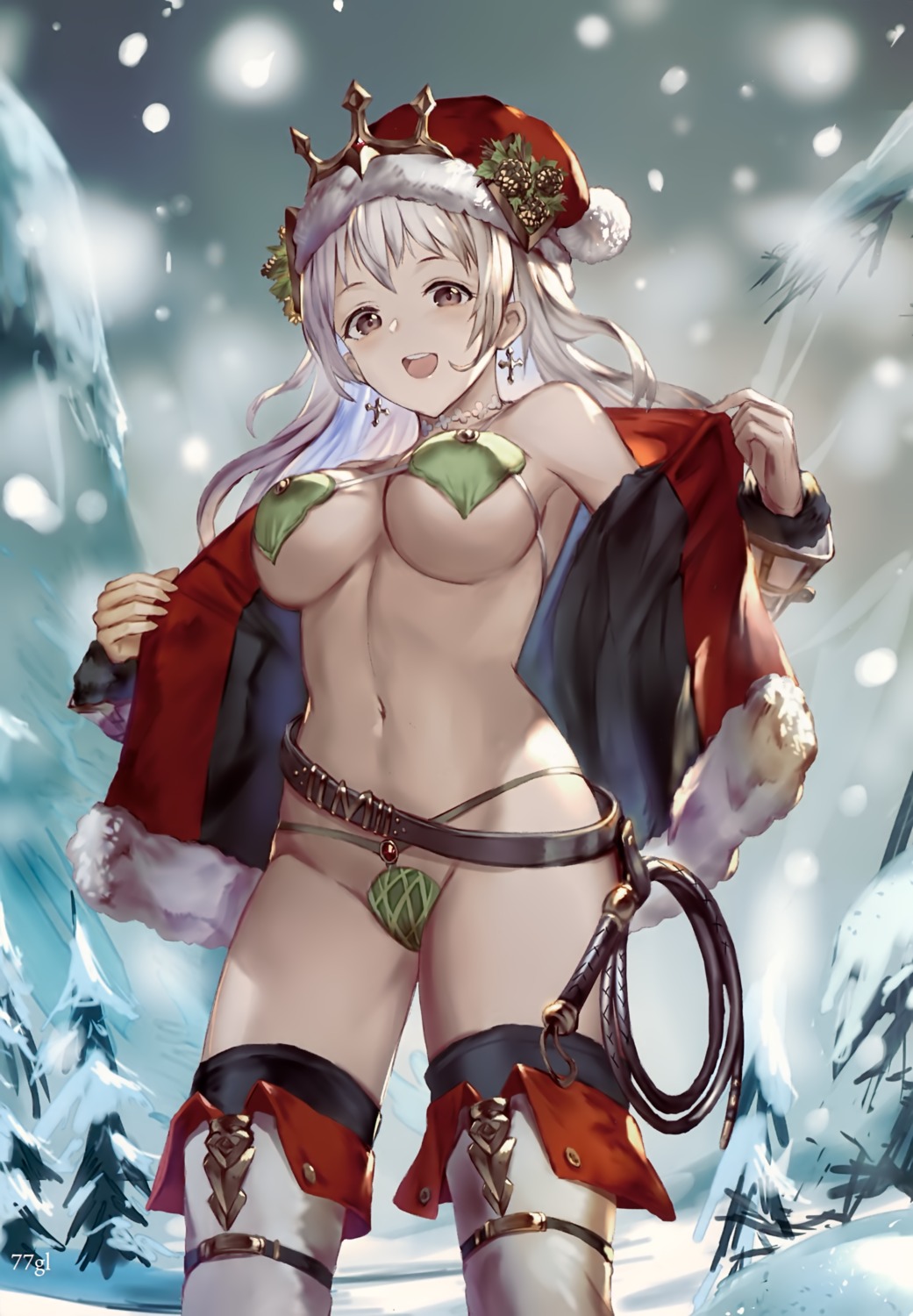 77gl bikini christmas open_shirt swimsuits thighhighs undressing weapon